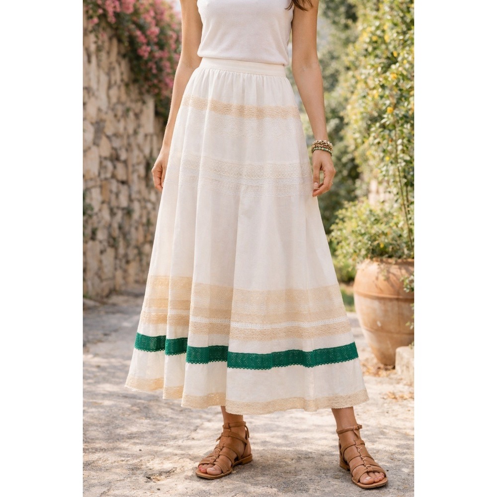 POSE Lace Eyelet Trimmed Maxi Skirt Womens 4 White Green Cotton Boho Cottagecore